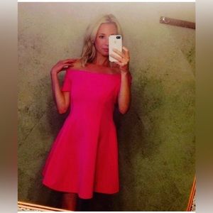 Strapless,off the shoulder, hot pink mini dress